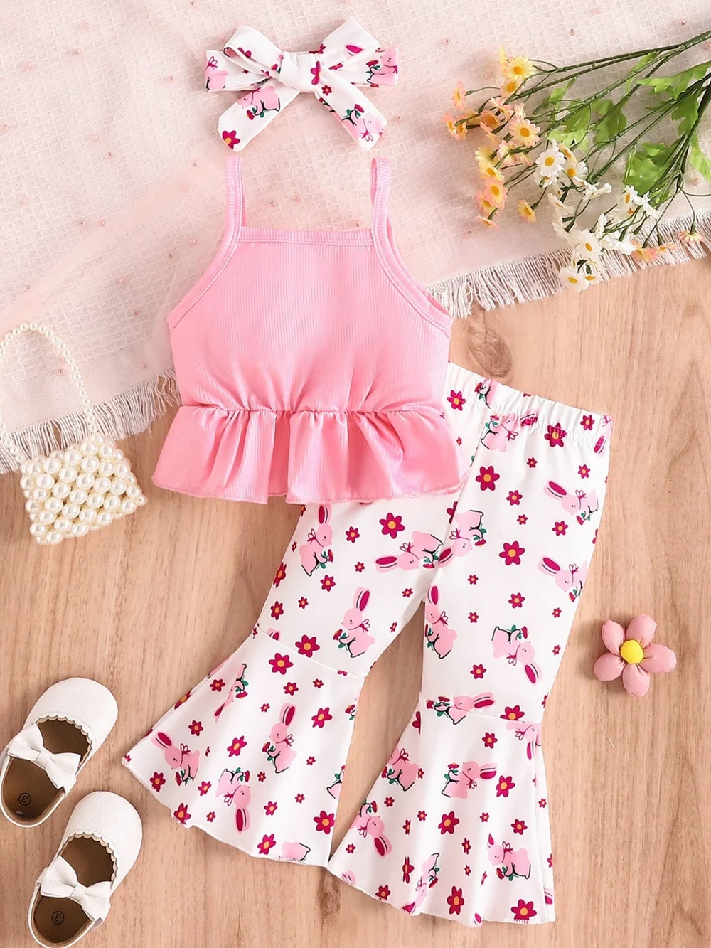 Pink Ruffle Tank & Bunny Print Flared Leg Set